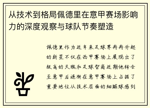 从技术到格局佩德里在意甲赛场影响力的深度观察与球队节奏塑造